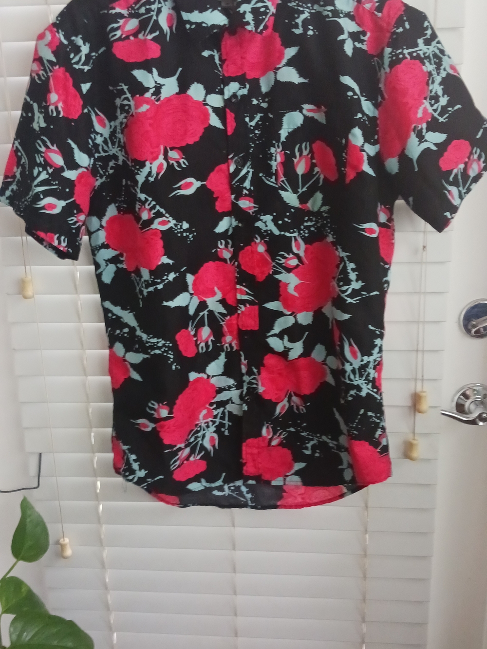 Men's Black Short-Sleeve Floral Shirt with Red Bloom Print Brand- Planet B